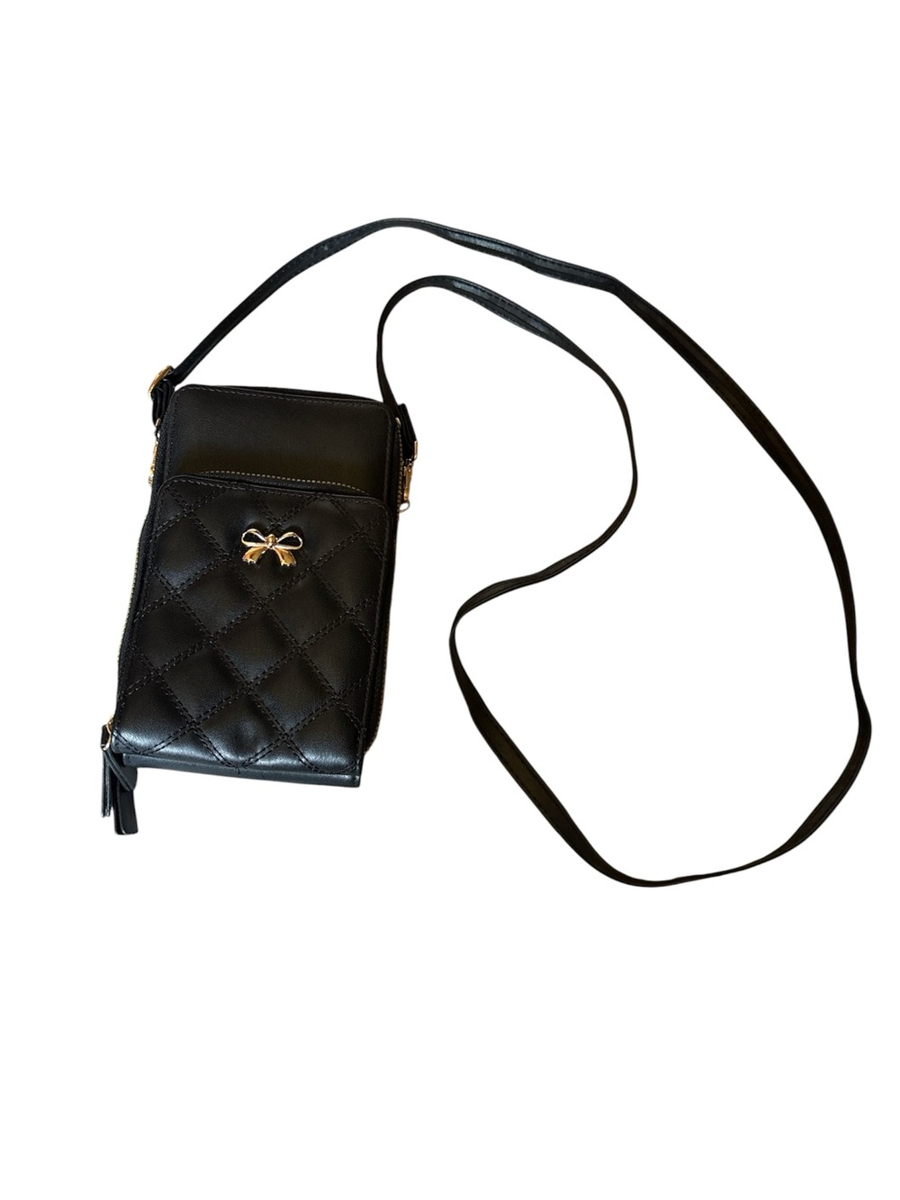 Black Quilted Crossbody Phone Bag with Gold Bow Accent